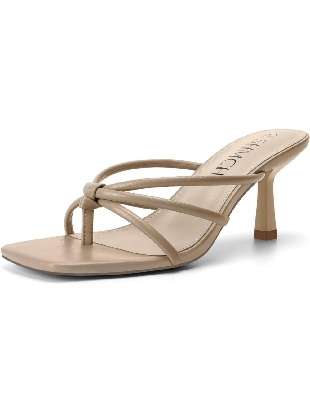 Women's Nude Summer Comfortable Square Toe Strappy Thong Slip On Mule Heels